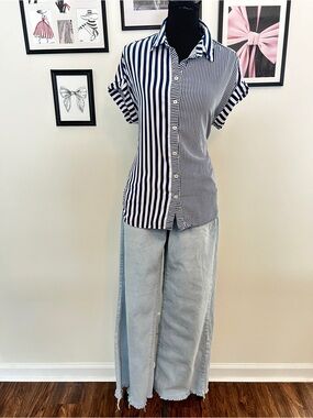 Women's Blue and White Striped Button-Front Blouse